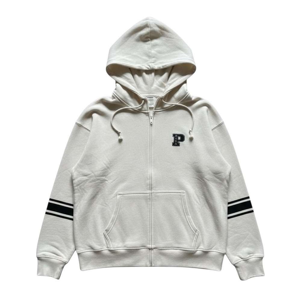 Victoria’s Secret PINK Cream Full Zip Hoodie Varsity Logo L NWT